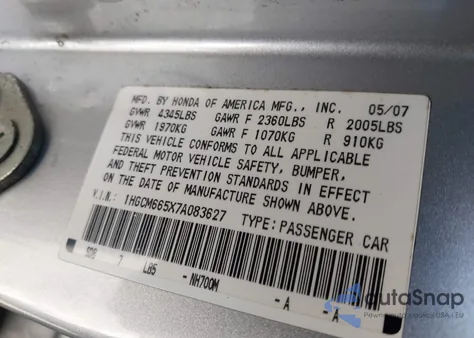 2007 Honda Accord 3.0 Ex from USA, damaged, VIN 1HGCM665X7A083627